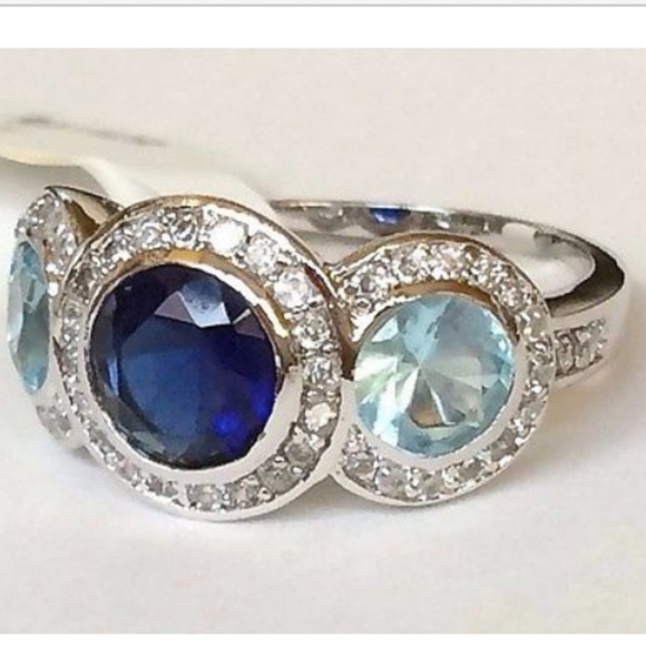 Silver Sapphire Victorian Gypsy Ring Size 10 Aquamarine Cubic Zirconia Rhodium - Picture 6 of 8
